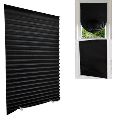Gray pleated self-adhesive window shade with swatches for white, gray, and black color options. - Image 16