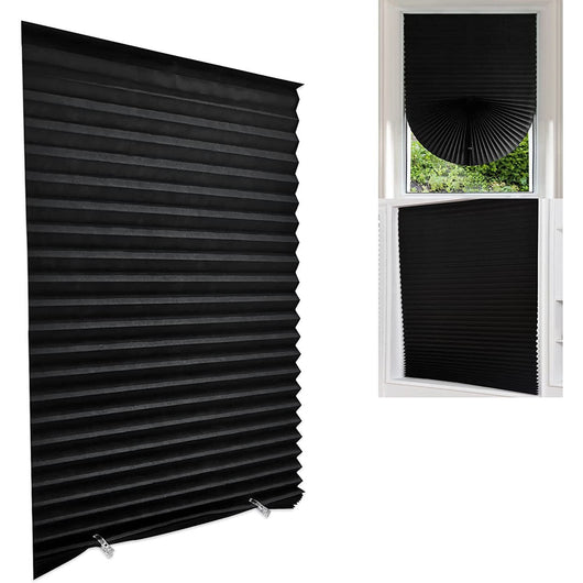 Gray pleated self-adhesive window shade with swatches for white, gray, and black color options. - Image 16