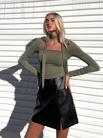 Blusa Cuello Cuadrado con Lazo Ajustada - Estilo Europeo Sofisticado para Otoño e Invierno - Image 12