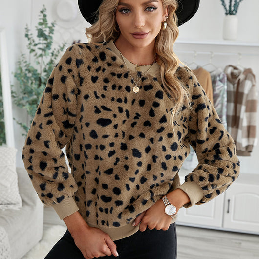 Suéter Esponjoso Estampado Leopardo Cuello Redondo para Mujer - Image 7