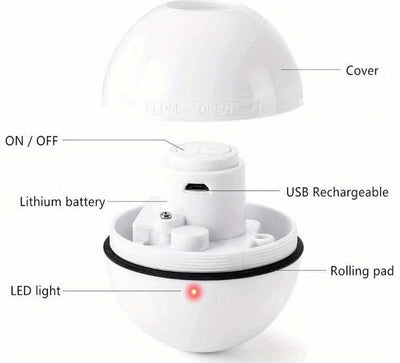 White electric interactive cat toy ball with LED light and feather attachment, shown with its white packaging box. - Image 7