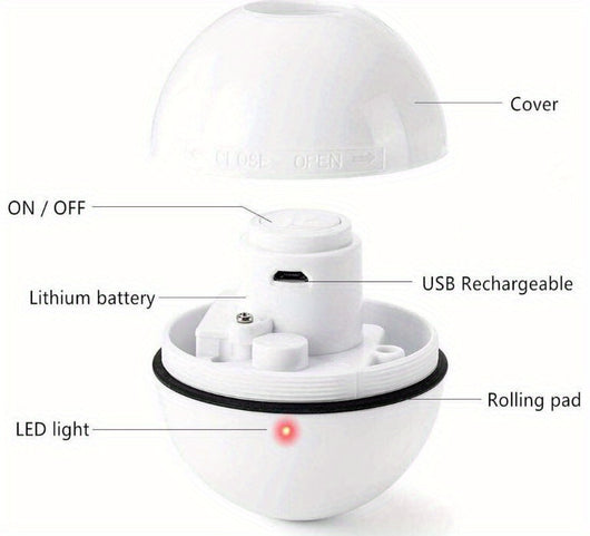 White electric interactive cat toy ball with LED light and feather attachment, shown with its white packaging box. - Image 7