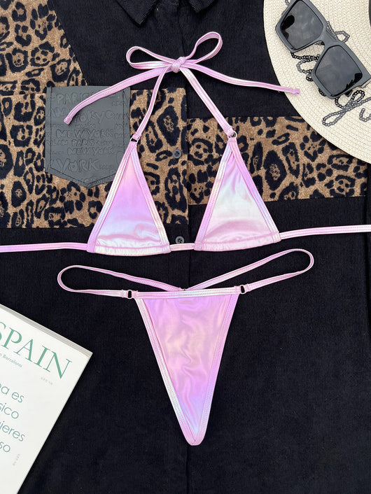 Women's pink and purple pearlescent gradient split bikini swimsuit with triangle halter top and thong bottom. - Image 6