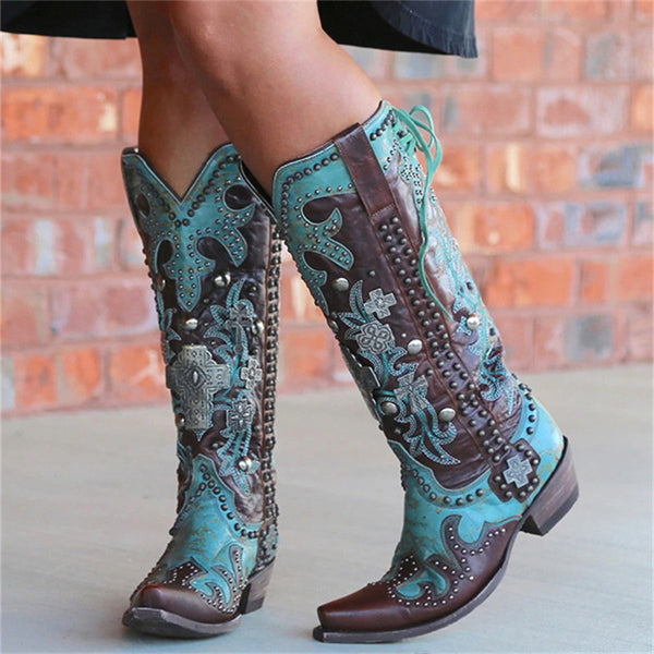 Botas Medianas con Tacón Grueso, Bordado y Cordones para Mujer