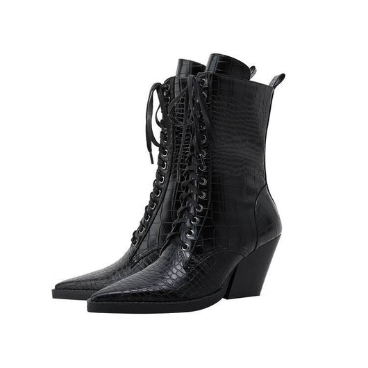 Botas Tacón Grueso Retro con Patrón de Piedra y Cordones - Estilo Fashion - Image 9