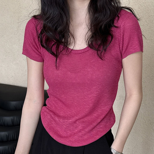 Camiseta Ajustada de Verano para Mujer - Cuello Redondo, Manga Corta y Cintura Definida