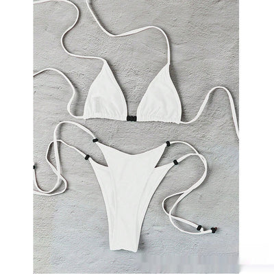 Simple women's brown separated swimwear with triangle top and thong bottom, featuring lace-up ties and light blue beads. - Image 5