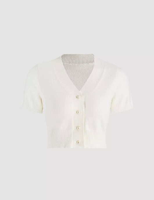 Blusa de Punto Blanco con Cadena de Perlas y Manga Corta - Image 8