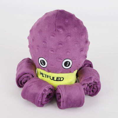 Blue plush octopus dog snuffle toy with a cartoon crying face and a yellow "PETFULED" band, designed for interactive play. - Image 8