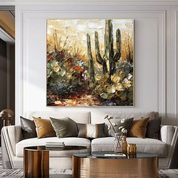 Cuadro de Arte Óleo Hecho a Mano - Flores y Cactus con Técnica Espátula