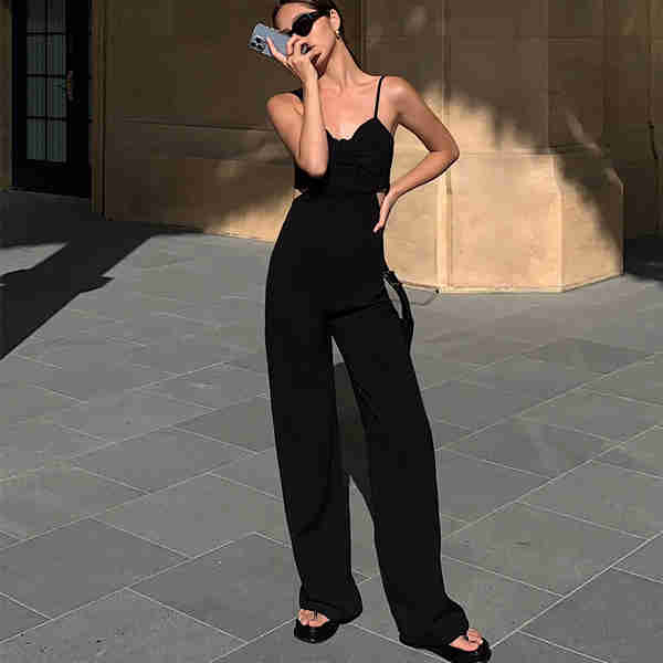 Jumpsuit de Escote V y Cintura Alta con Piernas Anchas