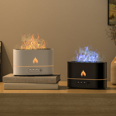 Black flame aromatherapy machine with a rose gold flame icon and timer settings for 1, 3, and 5 hours.