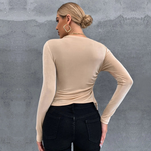 Blusa Ajustada de Cuello Redondo y Manga Larga con Acabado Brillante - Image 9