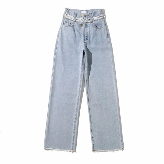 Pantalón Denim Recto con Borde Crudo y Drapeado Hueco - Image 2