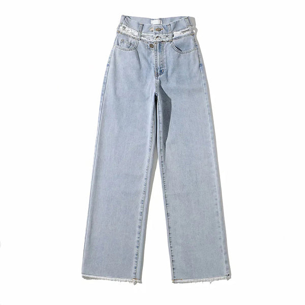 Pantalón Denim Recto con Borde Crudo y Drapeado Hueco