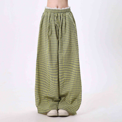 Pantalones Mujer Cuadros con Costuras de Encaje Cintura Alta Pierna Ancha
