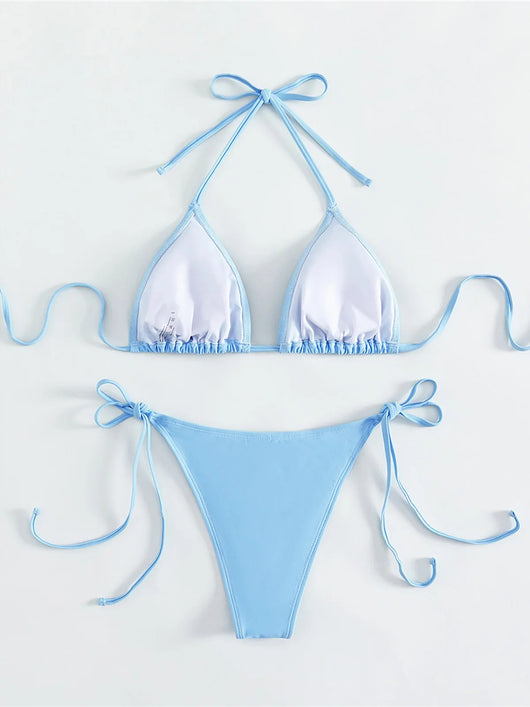 Light blue rhinestone crystal ornament bikini set with triangle top and tie-side bottoms. - Image 13