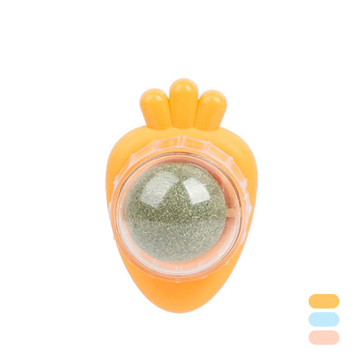 Orange carrot-shaped cat toy with a clear dome holding a rotating catnip ball, next to its white packaging box. - Image 22