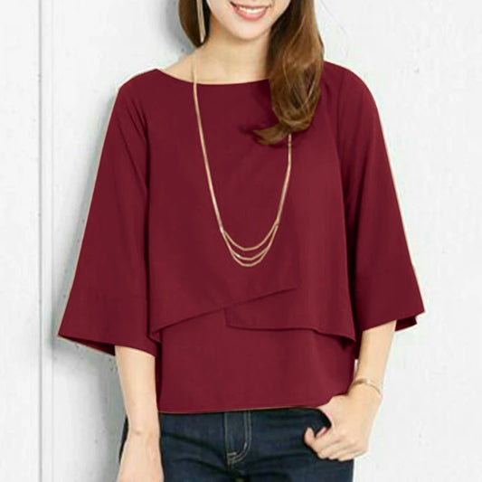 Blusa Casual de Doble Capa Cuello Redondo Color Liso para Verano