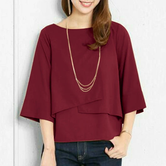 Blusa Casual de Doble Capa Cuello Redondo Color Liso para Verano