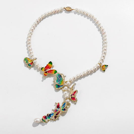 Conjunto de Tres Piezas: Collar, Anillo y Aretes de Perla de Agua Dulce con Diseño de Mariposa - Image 5