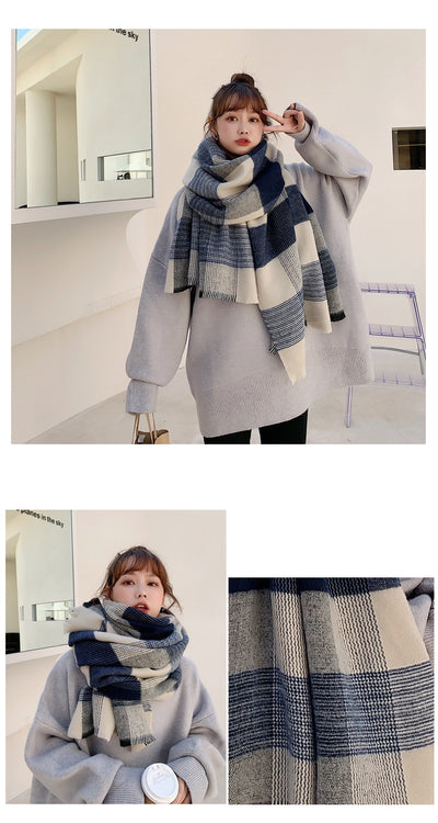 Bufanda Cuadriculada Blanca y Azul Estilo Japonés para Mujer - Image 11