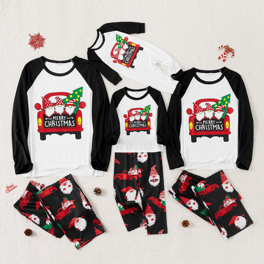 White and black raglan long-sleeve Christmas pajama top with red truck and gnome graphic, black gnome print pajama pants. - Image 11