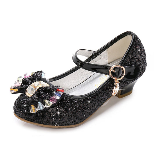 Red glitter Mary Jane shoes for girls with a decorative bow, clear and pink crystals, and a moon and star charm. - Image 20