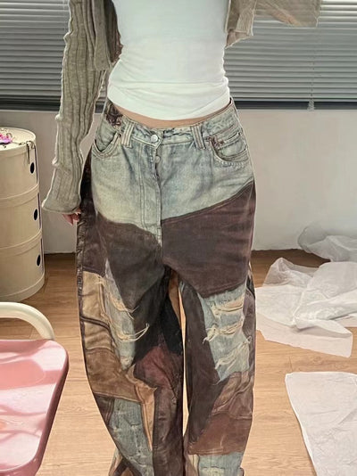 Pantalón Denim Ancho Vintage con Costuras Teñidas y Detalles Rotos - Image 15