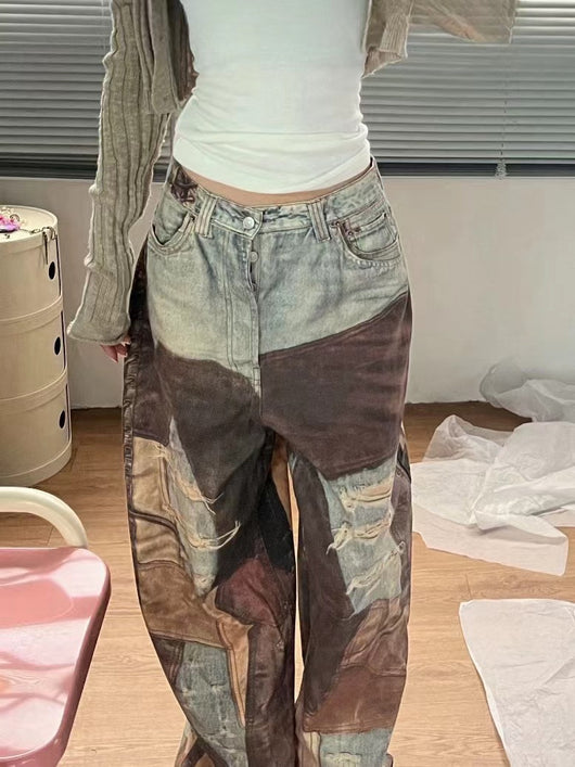 Pantalón Denim Ancho Vintage con Costuras Teñidas y Detalles Rotos - Image 15