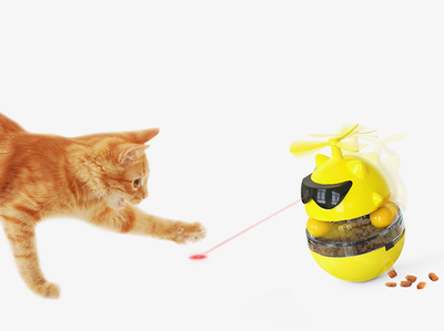 Yellow cat toy shaped like a cat's head with sunglasses and a propeller, featuring a tumbler base with a laser. - Image 9