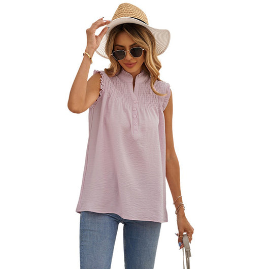 Blusa Suelta de Cuello Alto con Volantes y Botones - Estilo Casual Verano - Image 6