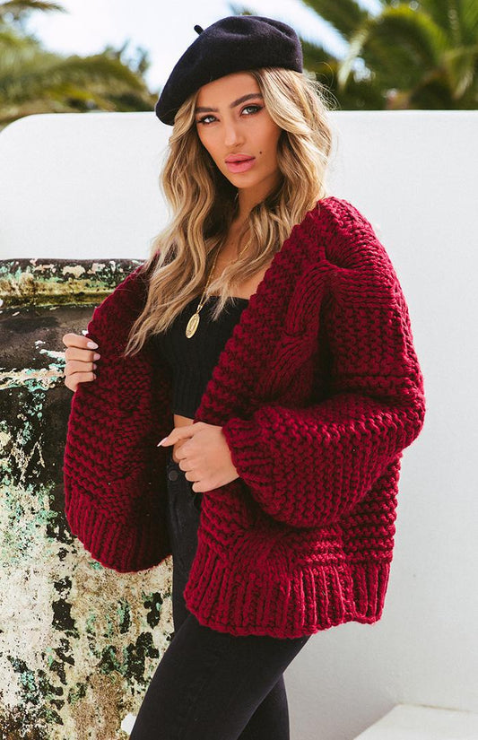 Cardigan Jacquard de Color Liso - Suéter Casual Holgado para Mujer