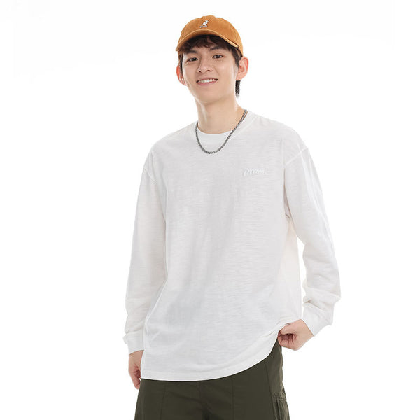 Camiseta de Algodón Pima con Bordado Minimalista - Manga Larga Cuello Redondo