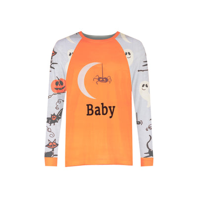 Matching family Halloween pajamas with orange and grey long-sleeve shirts and pants, featuring ghosts, pumpkins, and bats. - Image 11