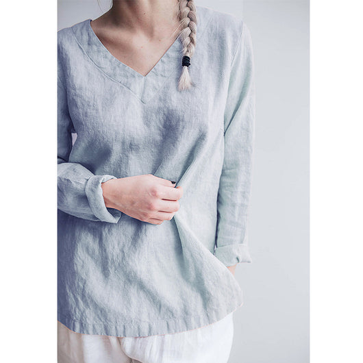 Blusa de Lino Puro Cuello V Manga Larga para Mujer - Image 5