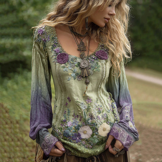 Blusa Estampada para Mujer con Cuello Redondo y Mangas Largas