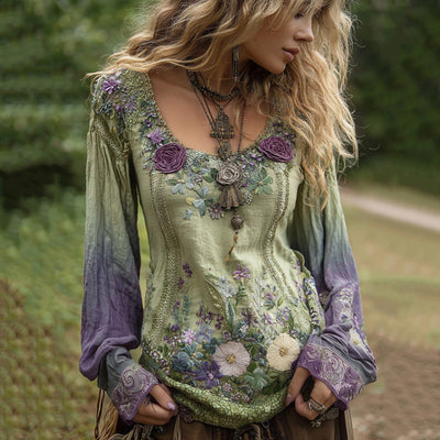 Blusa Estampada para Mujer con Cuello Redondo y Mangas Largas