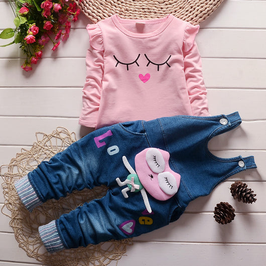 Conjunto de dos piezas: Suéter de algodón coreano con peto denim para niña
