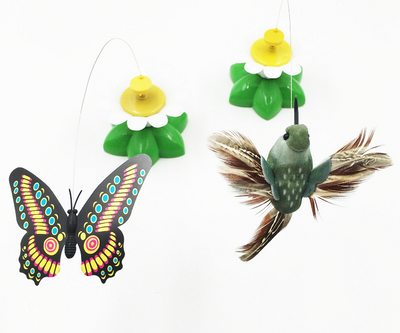 Electric pet toy with a row of white and yellow daisy flowers, green leaves, and five colorful feather birds on wires. - Image 22