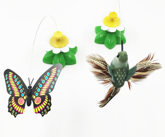 Electric pet toy with a row of white and yellow daisy flowers, green leaves, and five colorful feather birds on wires. - Image 22