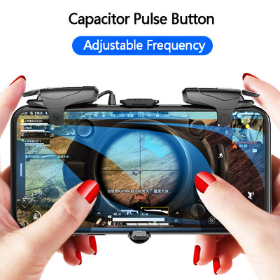 Black mobile gamepad controller with a central blue sphere and side trigger buttons for smartphone gaming. - Image 3