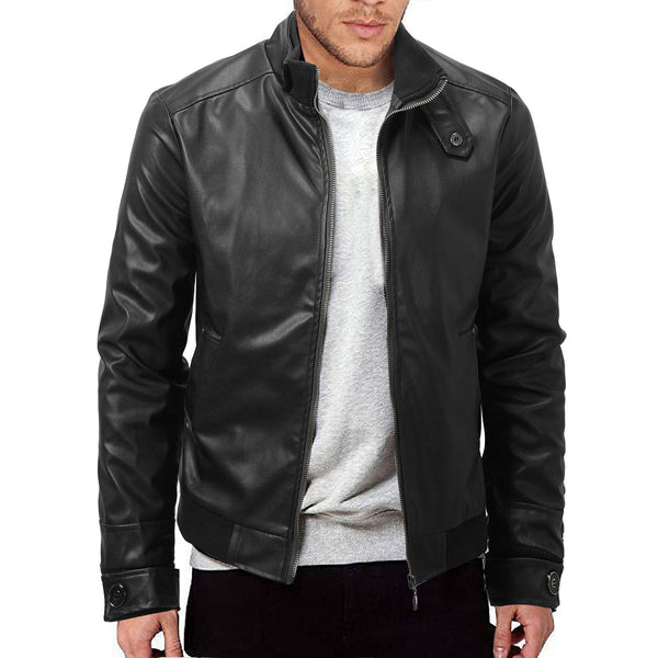 Chaqueta de Cuero para Hombre Slim Fit con Cuello de Pie y Cierre de Cremallera