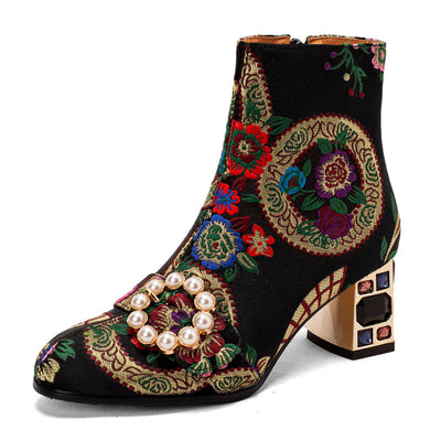 Botas Étnicas con Tacón Grueso, Bordado Floral y Hebilla de Perlas - Image 7