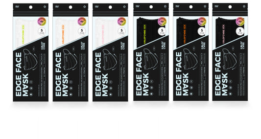 White V-shape face mask with pink ear loops, packaged in a clear and black pouch, size S, by Kalor Cvre. - Image 2