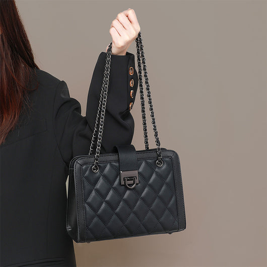 Bolso Bandolera Cuadrado Pequeño de Cuero Genuino con Cadena
