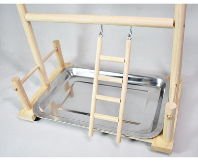 Wooden bird play stand with multiple perches, two hanging ladders, and a removable stainless steel tray. - Image 2