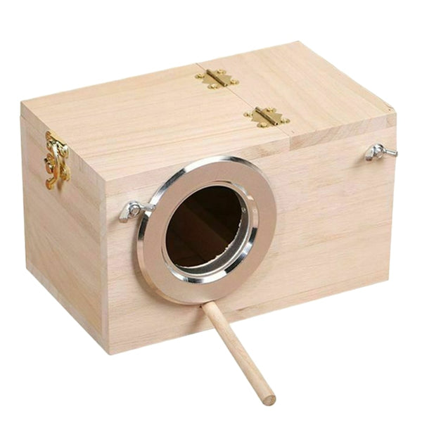 Light-colored wooden birdhouse with a circular silver metal entrance, a wooden perch, and brass-colored hardware.