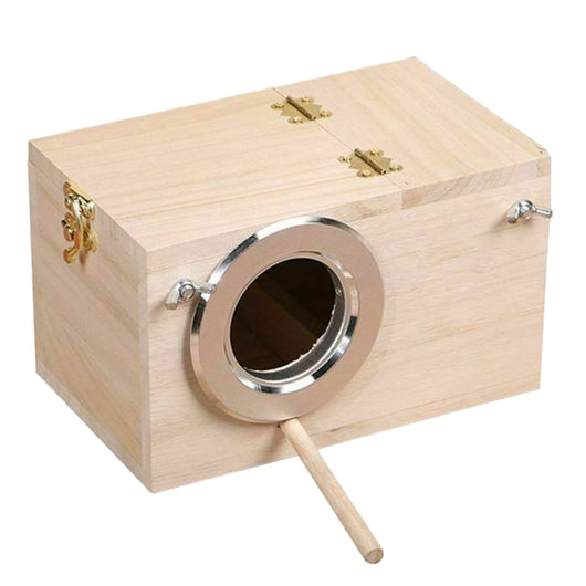 Light-colored wooden birdhouse with a circular silver metal entrance, a wooden perch, and brass-colored hardware.
