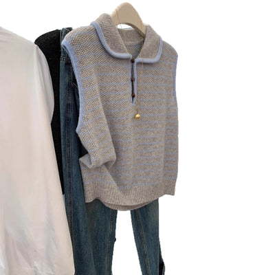 Chaleco Tejido a Rayas Azul y Blanco - Estilo Coreano Casual para Otoño - Image 5